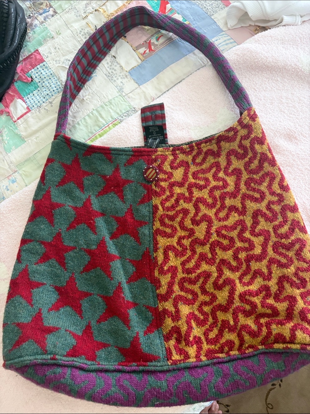 Boho Star & Wave Pattern Knit Shoulder Bag - Red, Green, Yellow